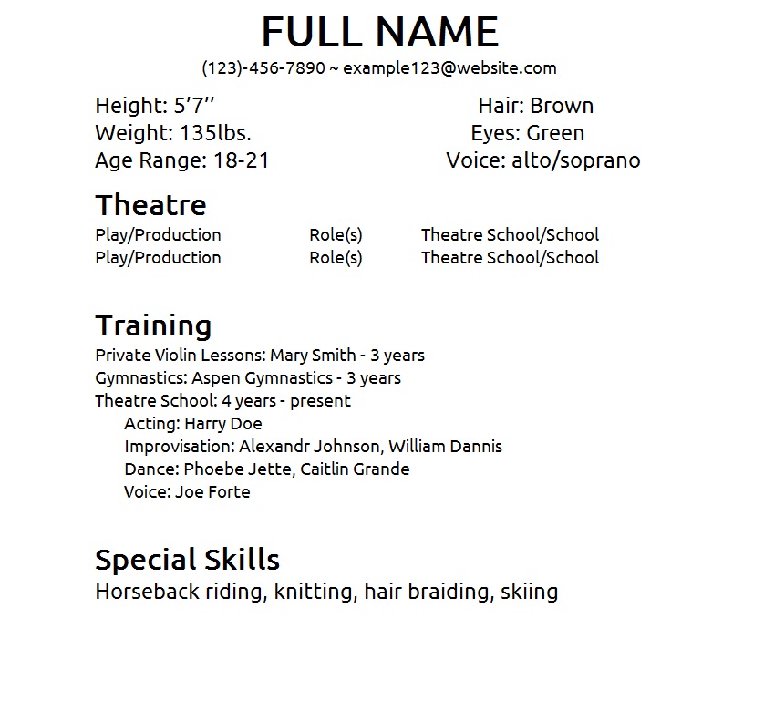Resume for child actor sample